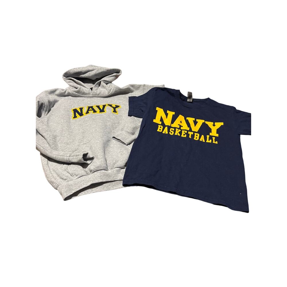 Navy size logo grey hooded sweatshirt and blue navy basketball shirt euc